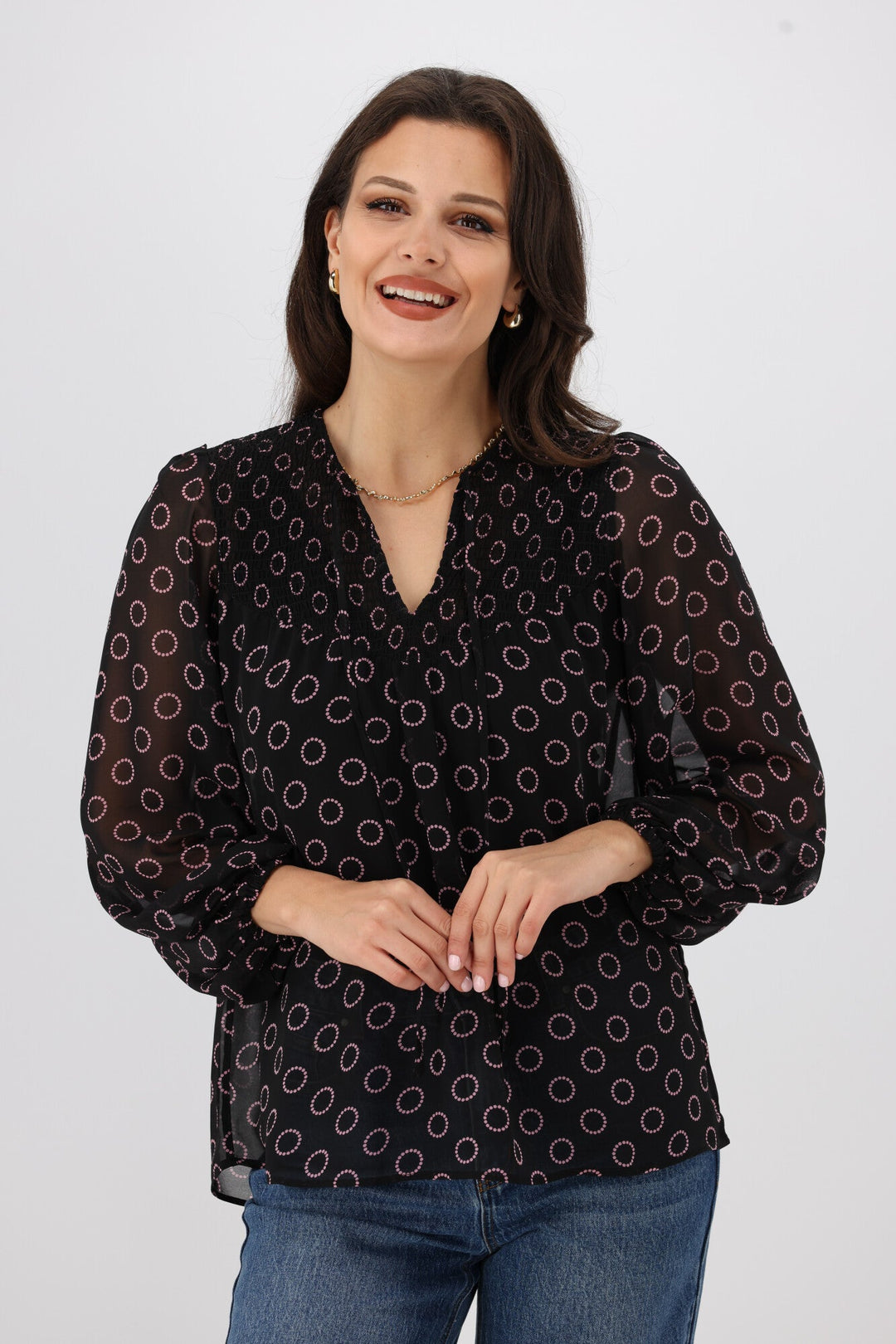 Gloss by Zara Shirred Neck Top Black Circle Print