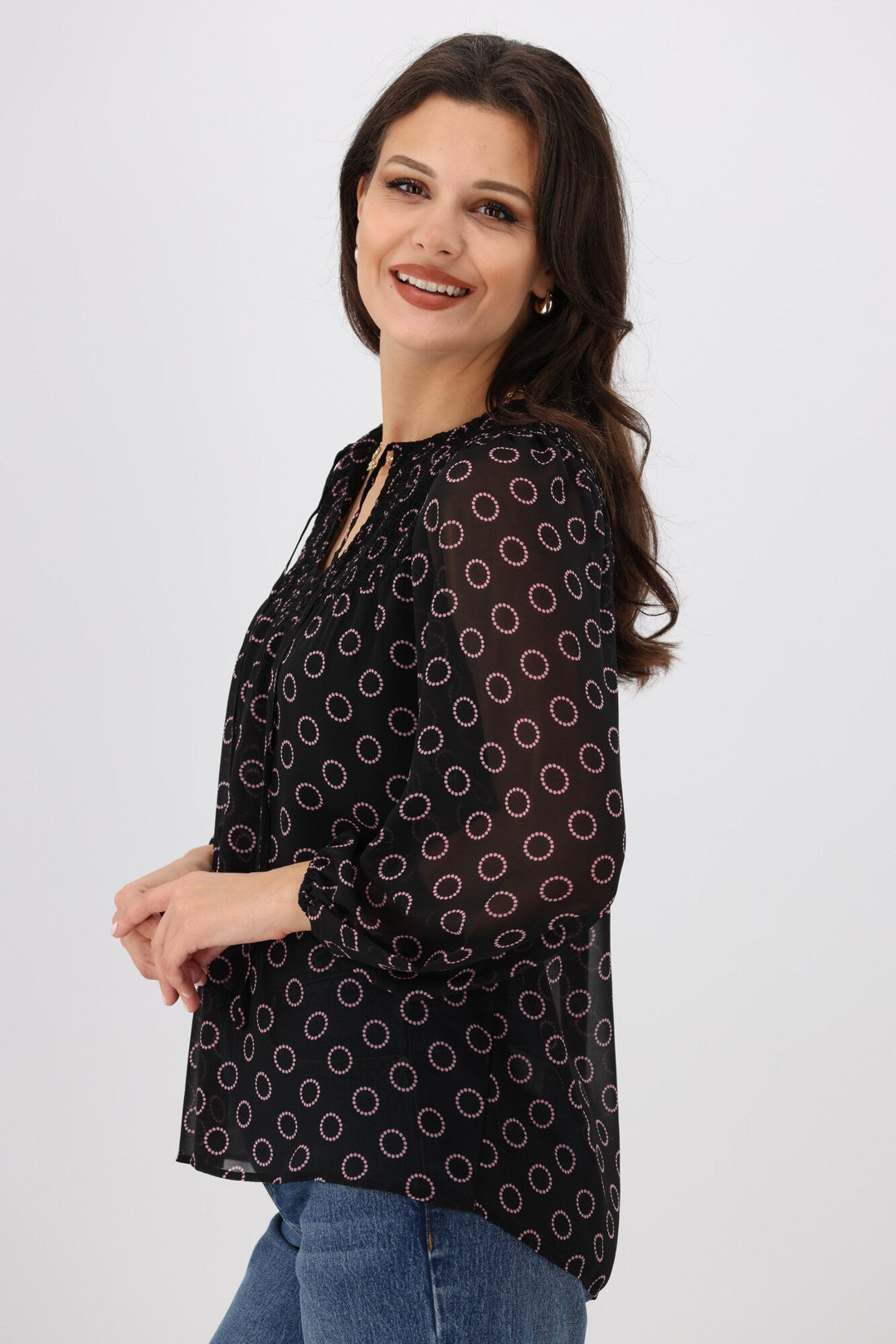 Gloss by Zara Shirred Neck Top Black Circle Print