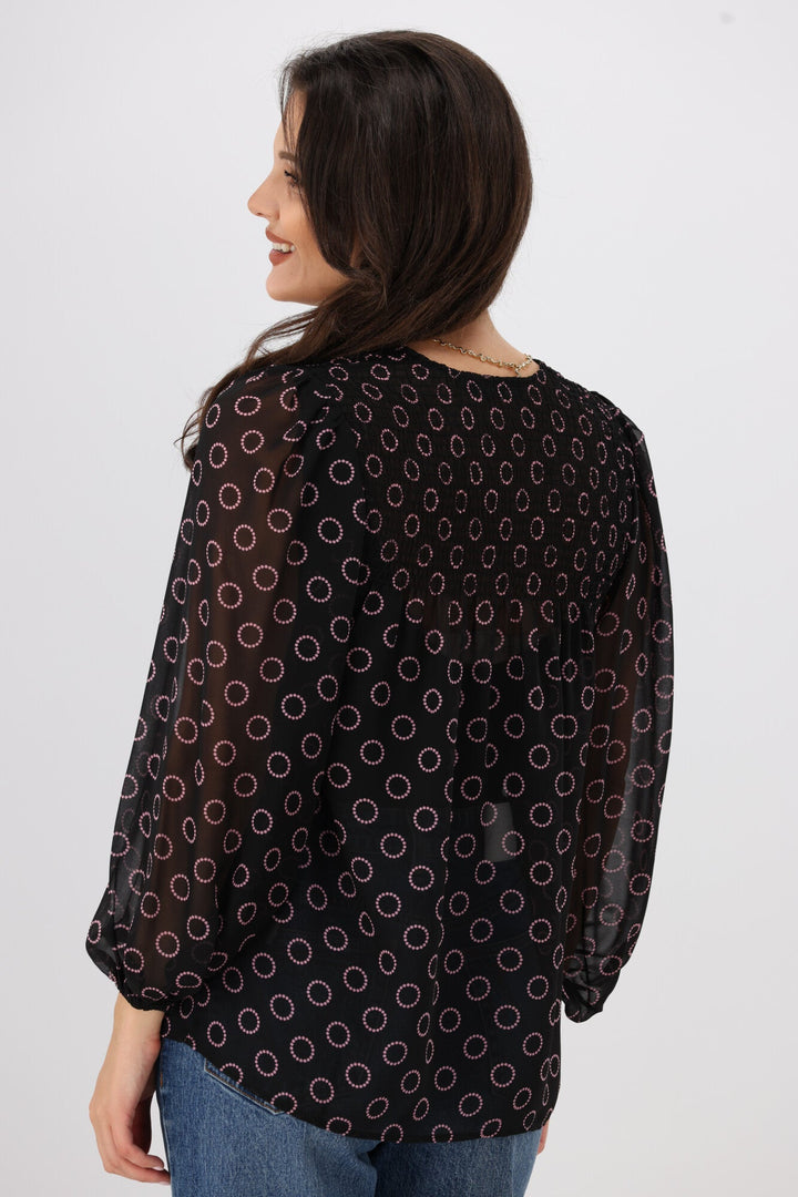 Gloss by Zara Shirred Neck Top Black Circle Print