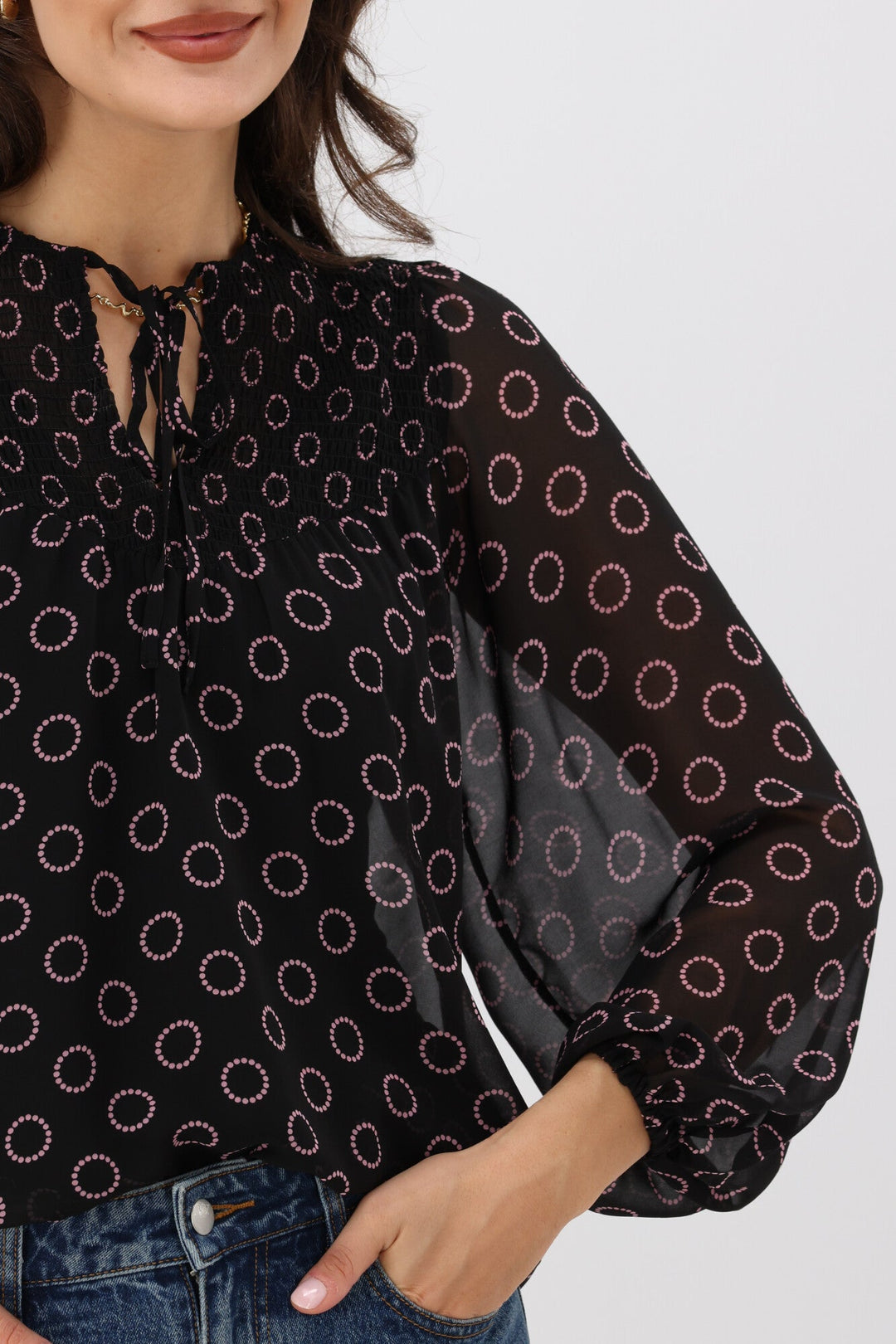 Gloss by Zara Shirred Neck Top Black Circle Print