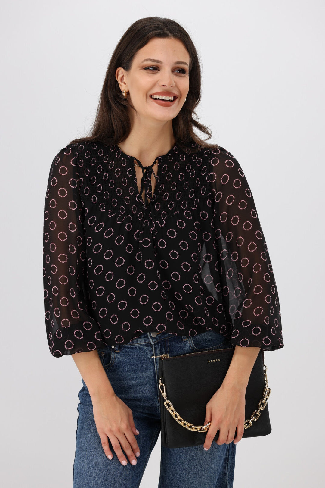 Gloss by Zara Shirred Neck Top Black Circle Print