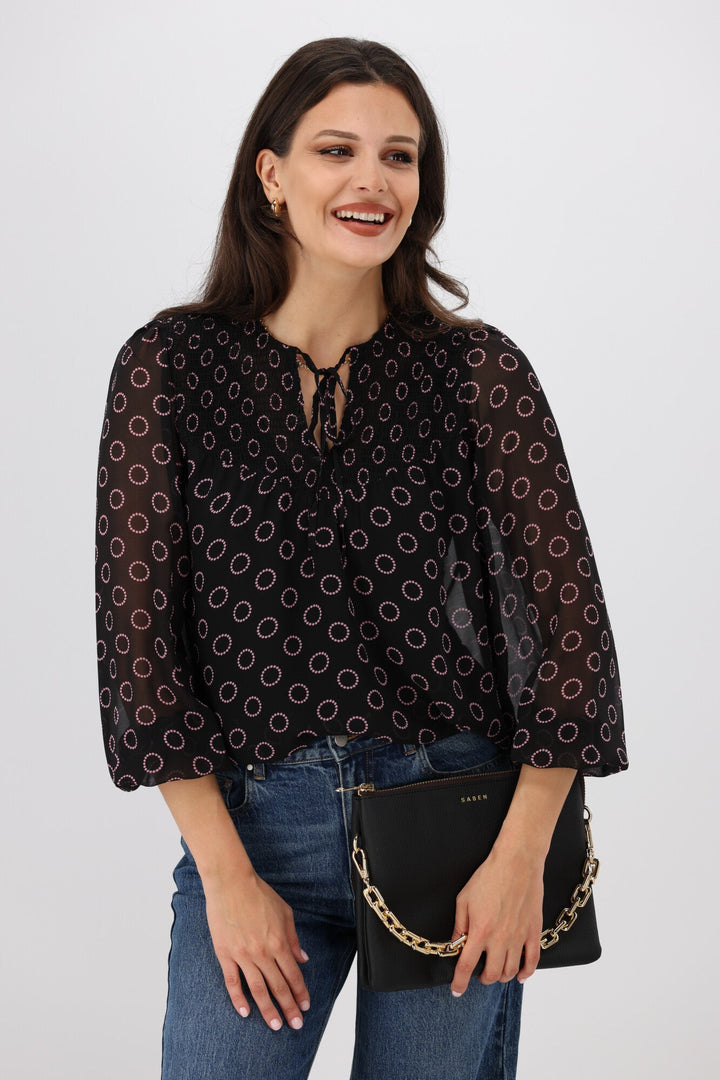 Gloss by Zara Shirred Neck Top Black Circle Print