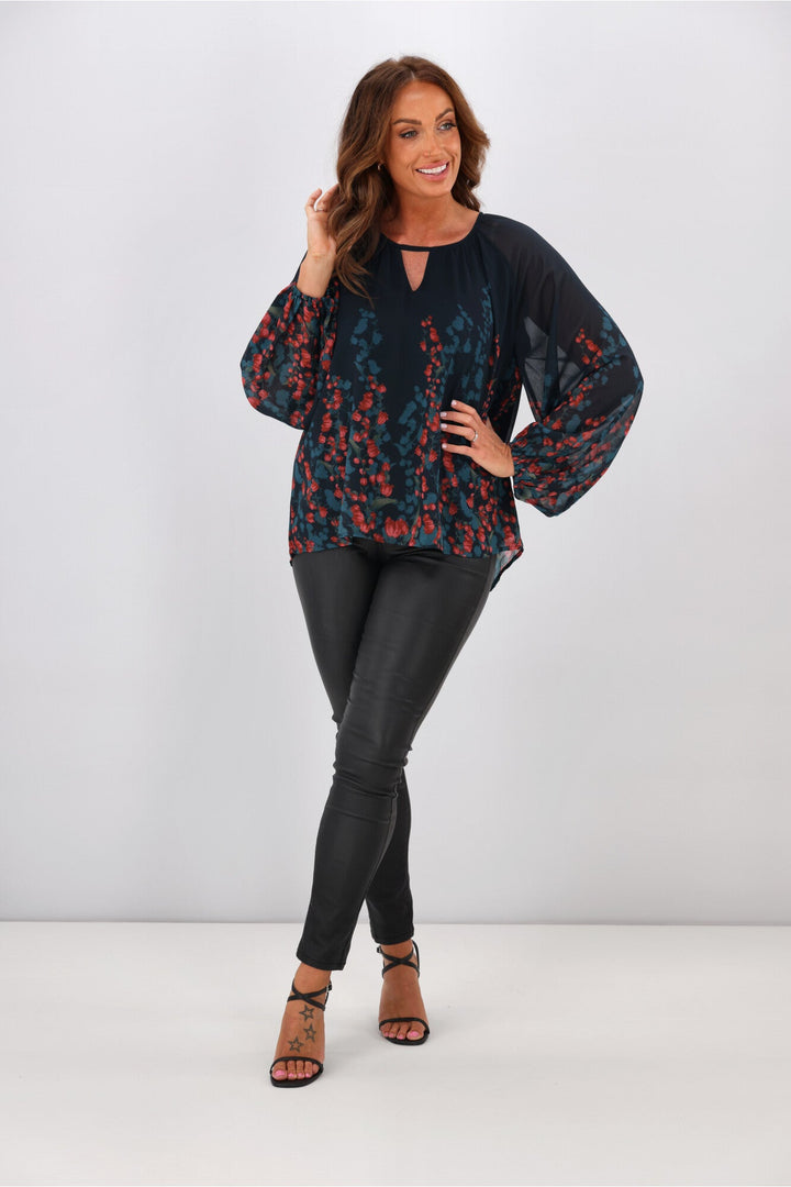 Gloss by Orla Top Foxglove Print Petrol