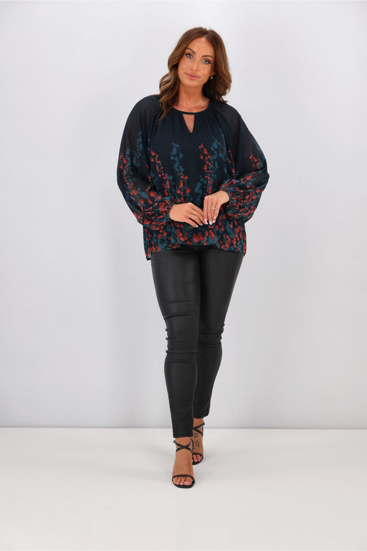 Gloss by Orla Top Foxglove Print Petrol