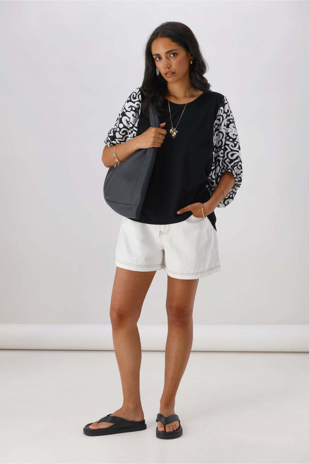 Gloss the Label Ornelle Contrast Sleeve Top Black Natural