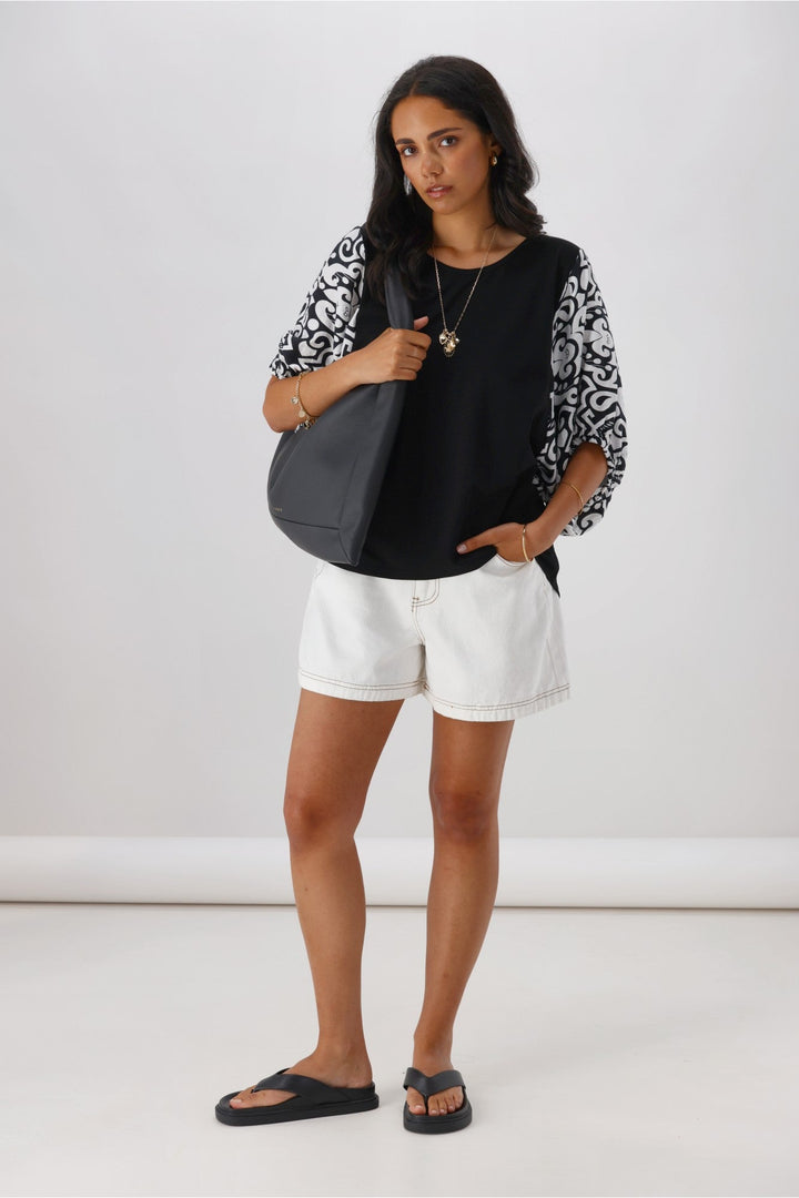 Gloss the Label Ornelle Contrast Sleeve Top Black Natural