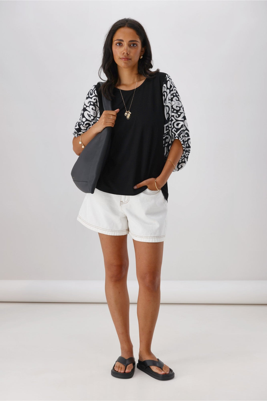 Gloss the Label Ornelle Contrast Sleeve Top Black Natural