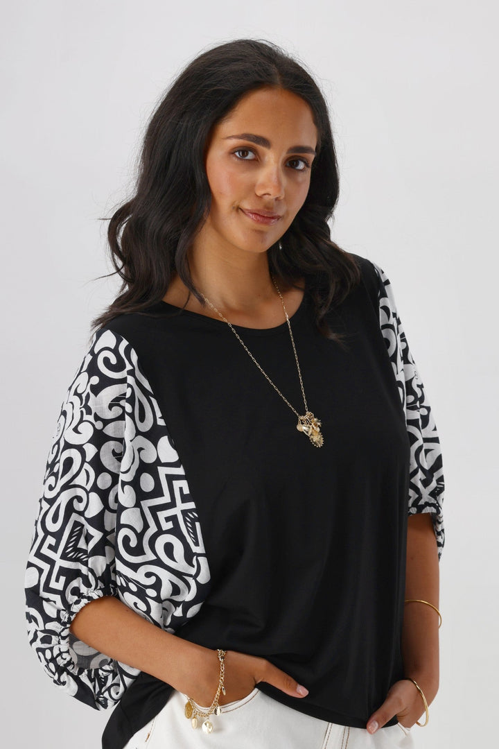 Gloss the Label Ornelle Contrast Sleeve Top Black Natural