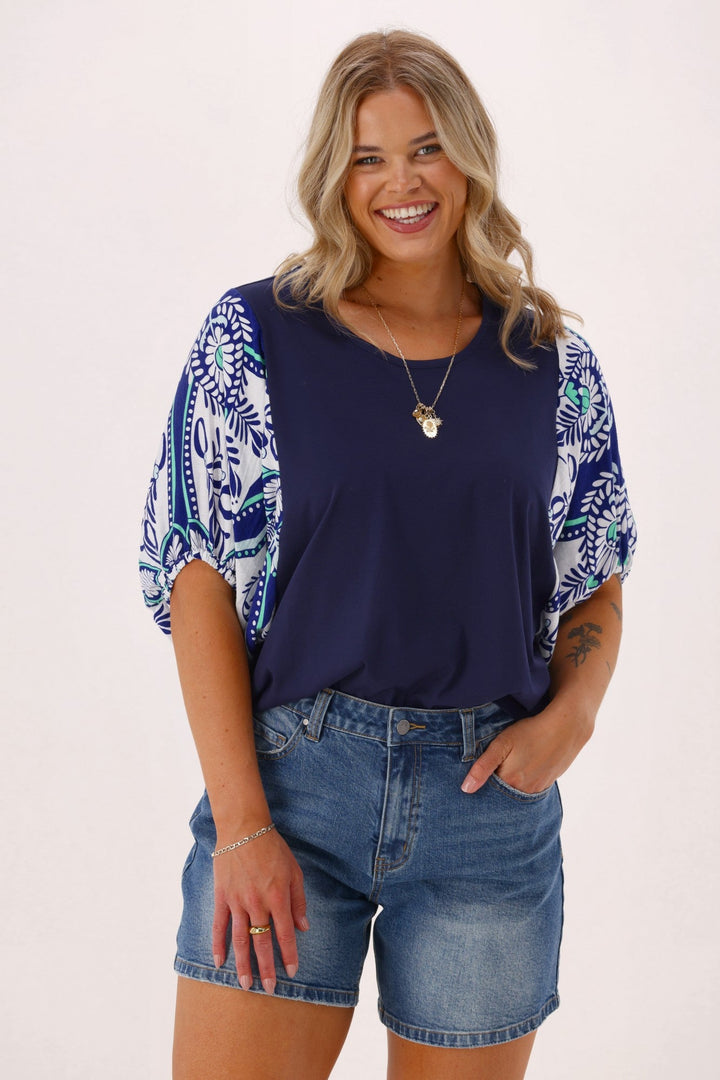 Gloss the Label Ornelle Contrast Sleeve Top Ink Green