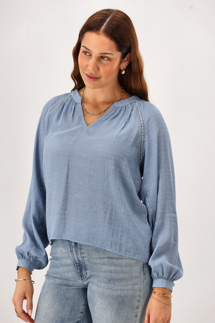 Gloss The Label Timiana Lace Trim Top Fabric Blue