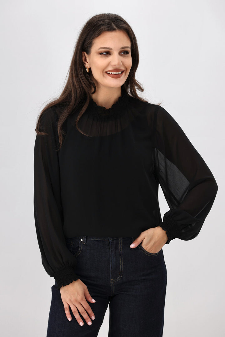Gloss The Label Zeyna Shirred Neck Top Black
