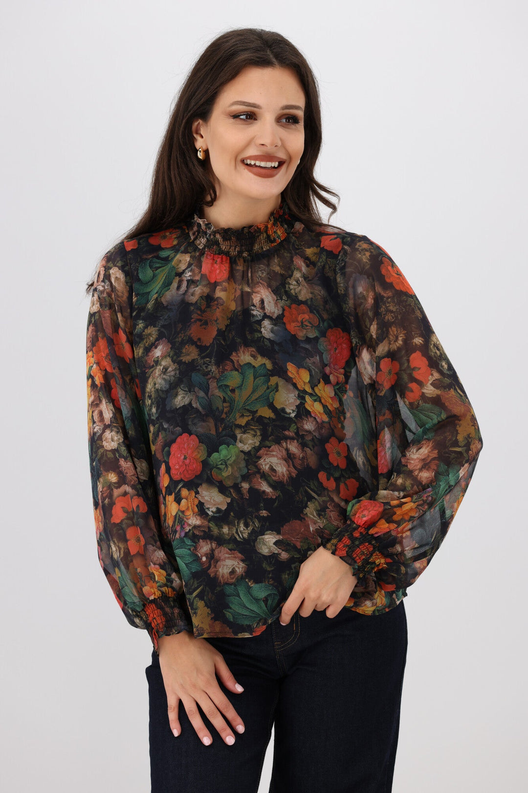 Gloss The Label Zeyna Shirred Neck Top Floral Print