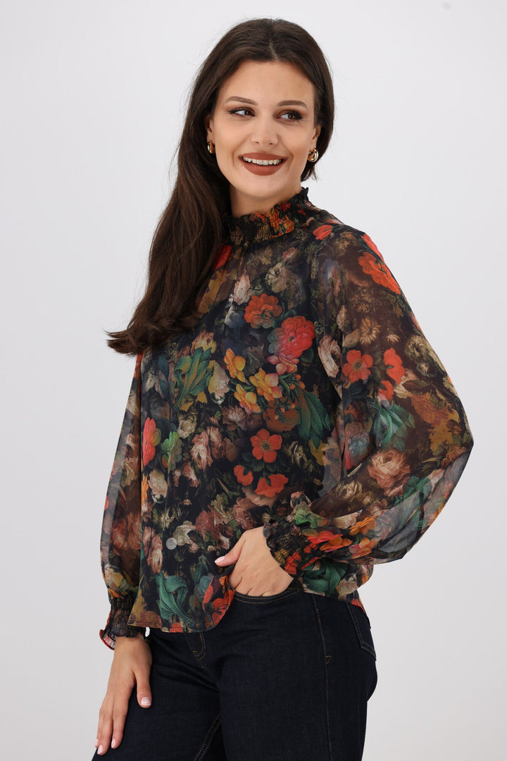 Gloss The Label Zeyna Shirred Neck Top Floral Print