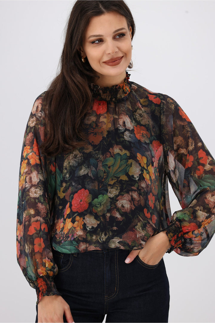 Gloss The Label Zeyna Shirred Neck Top Floral Print