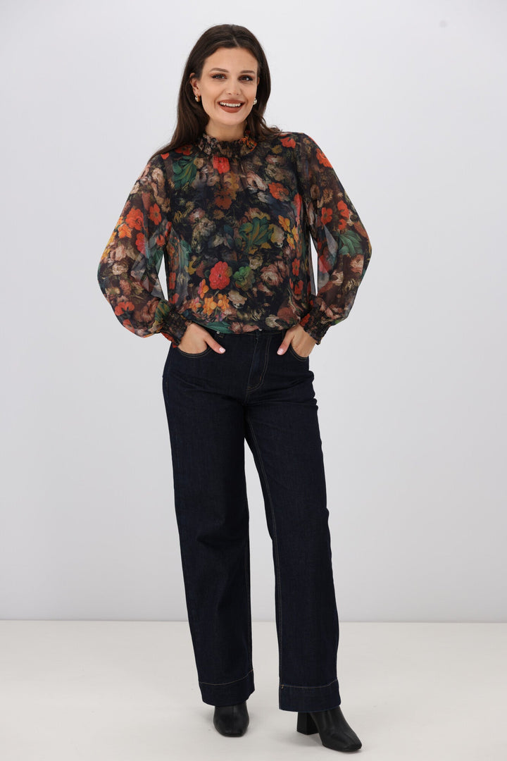 Gloss The Label Zeyna Shirred Neck Top Floral Print