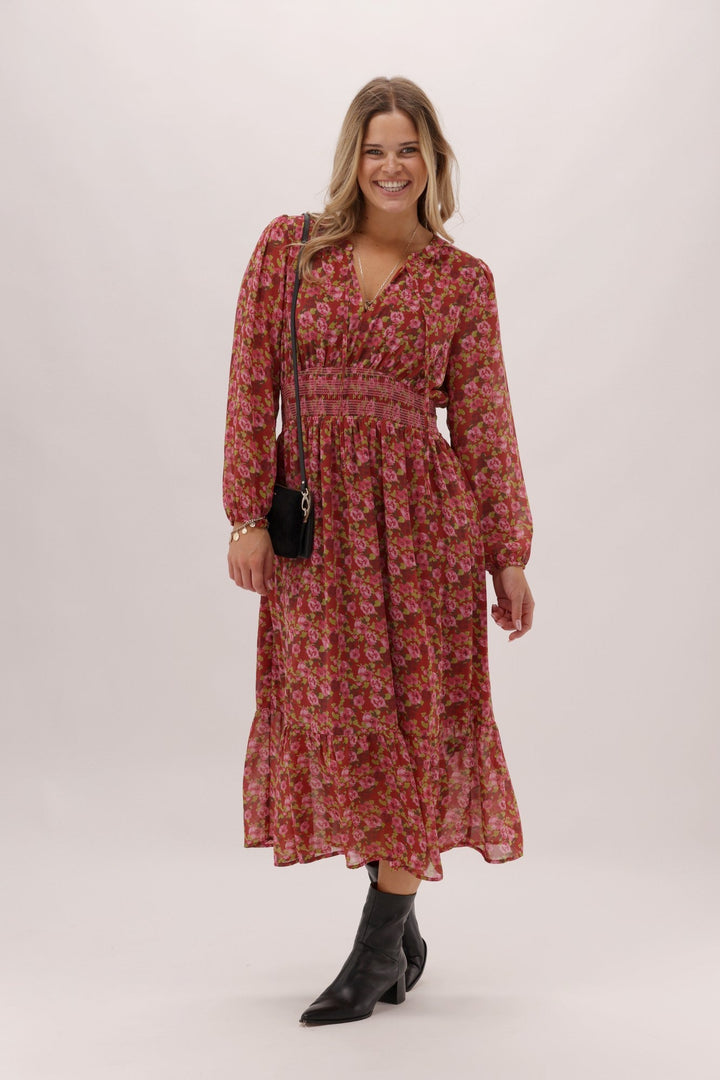 Gloss The Label Lindsay Shirred Waist Dress Wine Speckle Floral