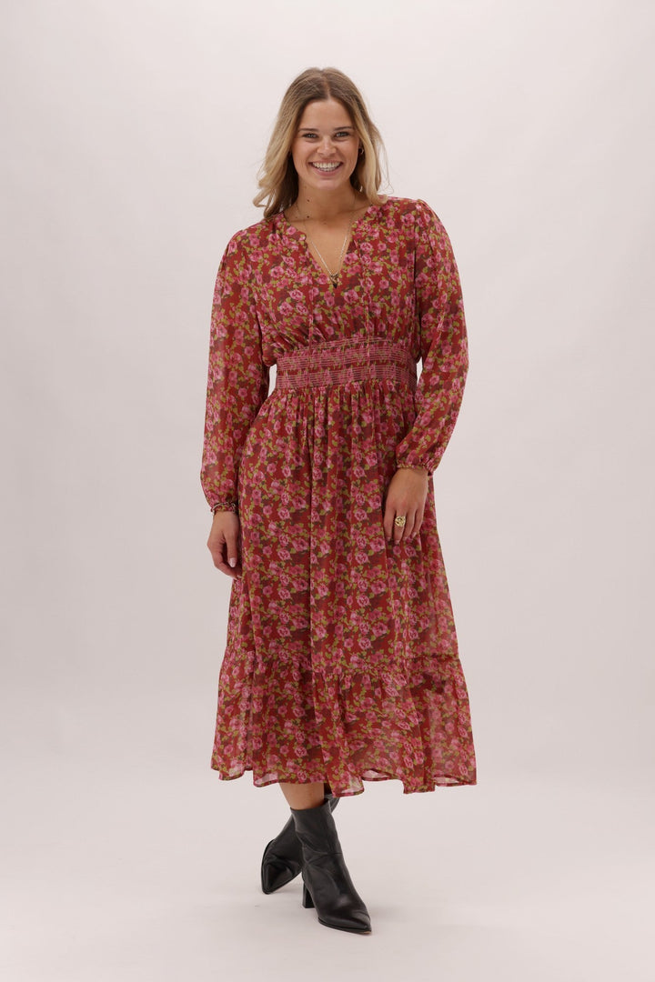 Gloss The Label Lindsay Shirred Waist Dress Wine Speckle Floral