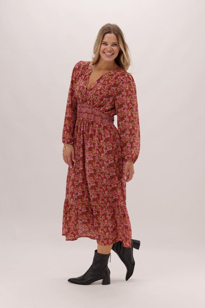 Gloss The Label Lindsay Shirred Waist Dress Wine Speckle Floral