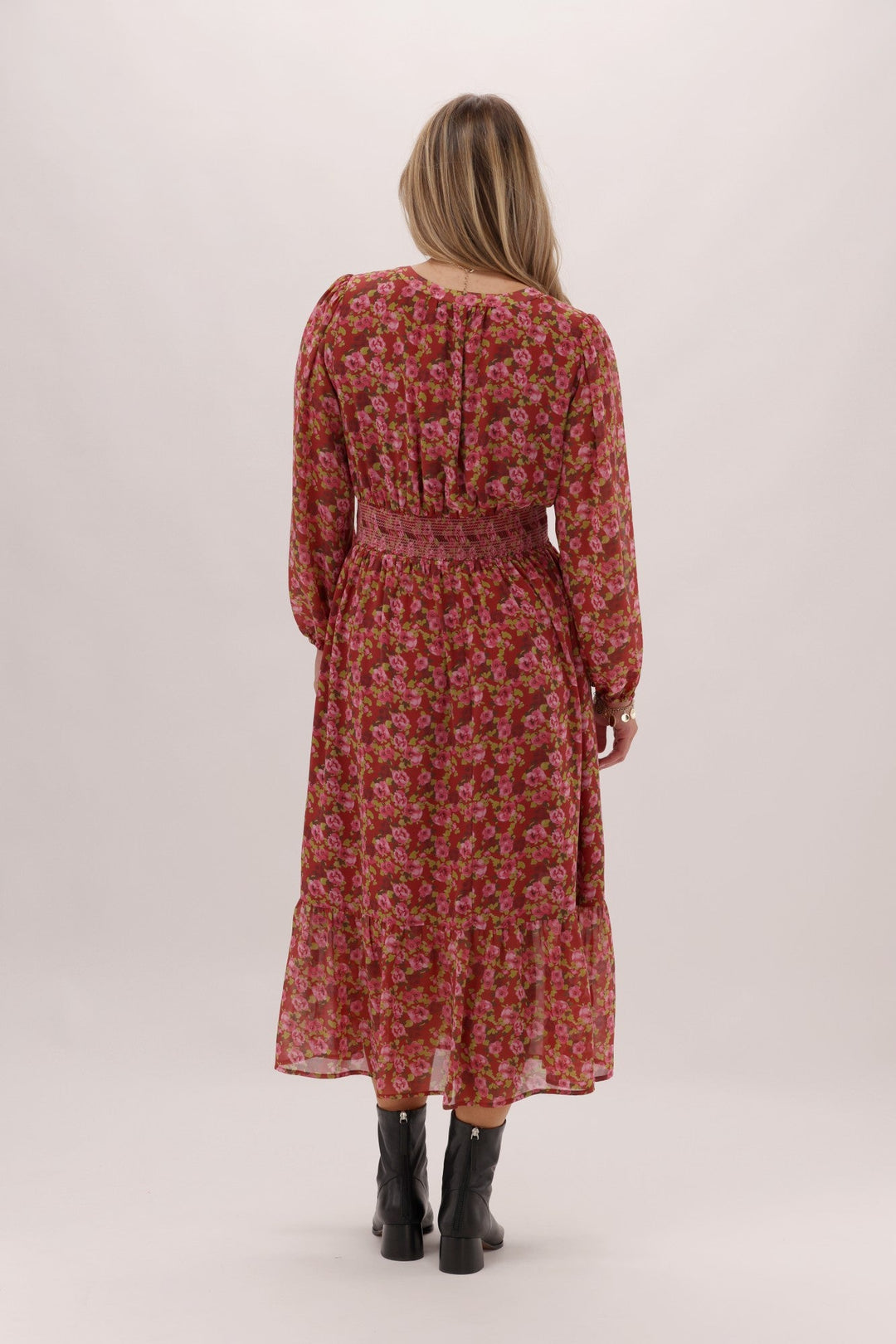 Gloss The Label Lindsay Shirred Waist Dress Wine Speckle Floral