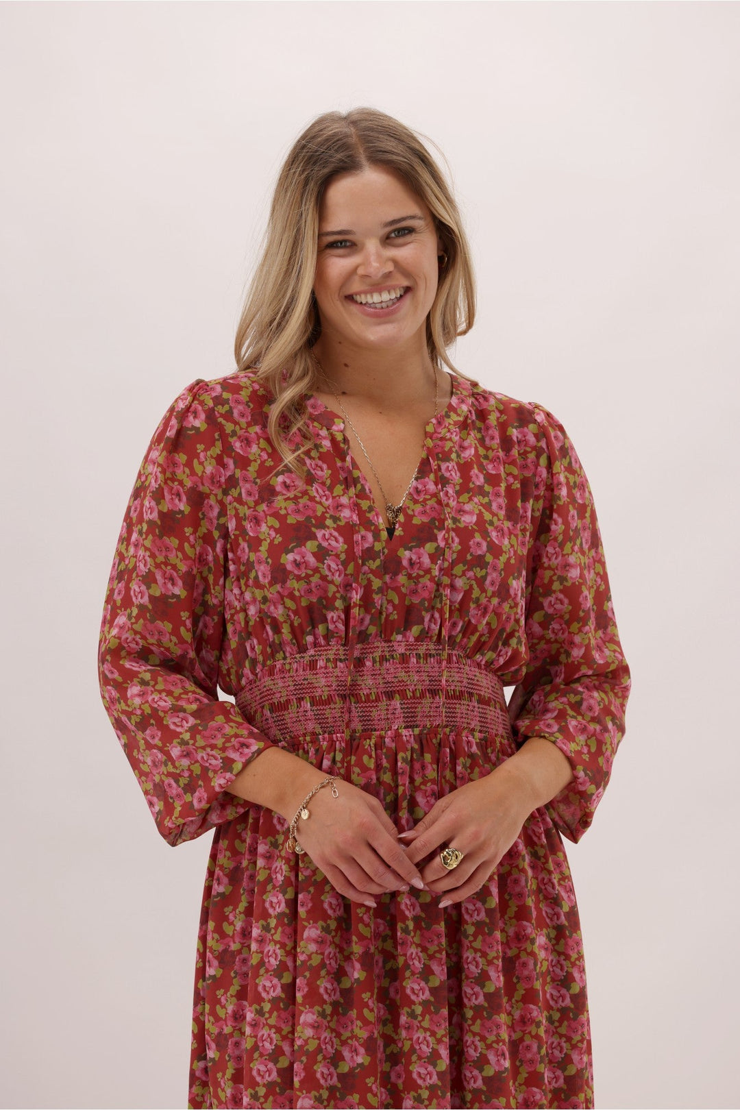 Gloss The Label Lindsay Shirred Waist Dress Wine Speckle Floral