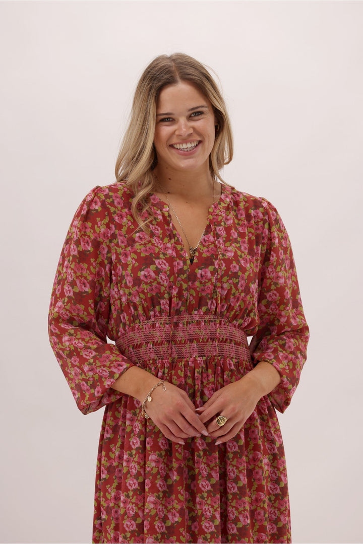 Gloss The Label Lindsay Shirred Waist Dress Wine Speckle Floral