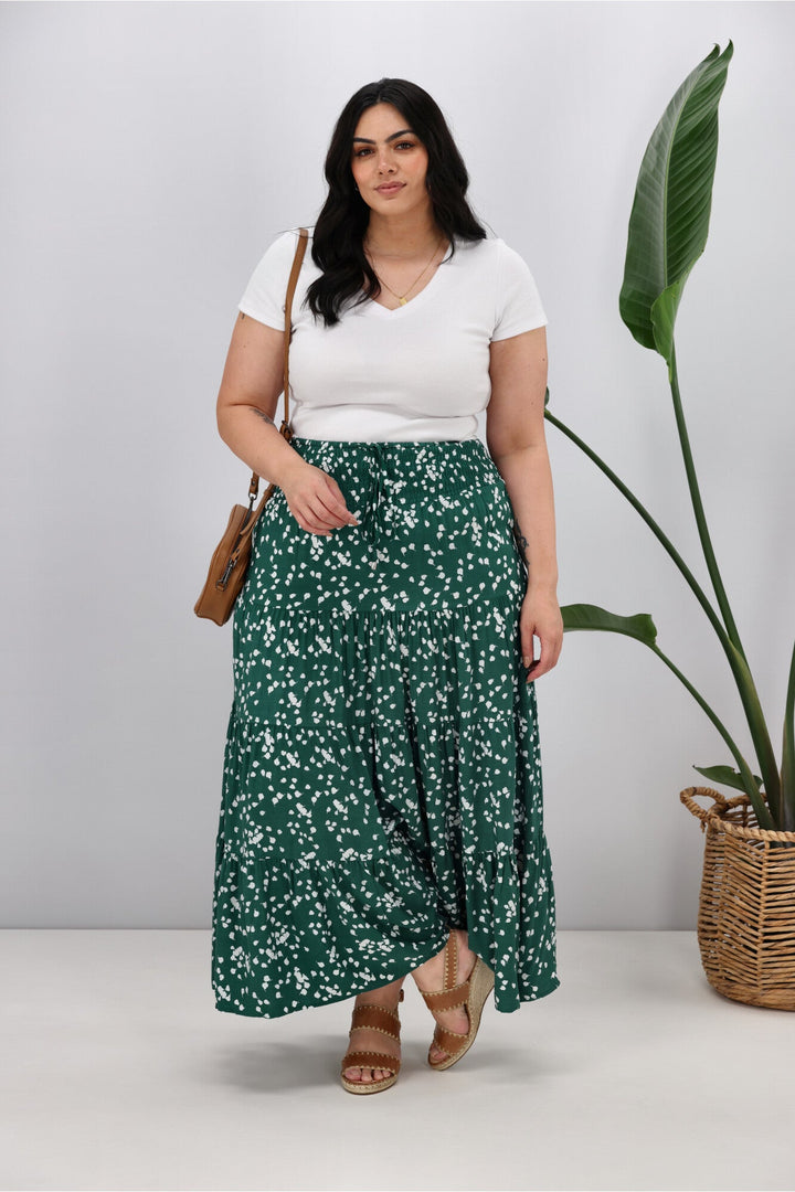 New U Collection Green White Print Maxi Skirt