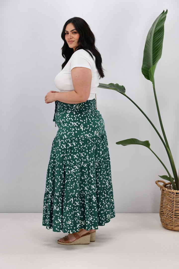 New U Collection Green White Print Maxi Skirt