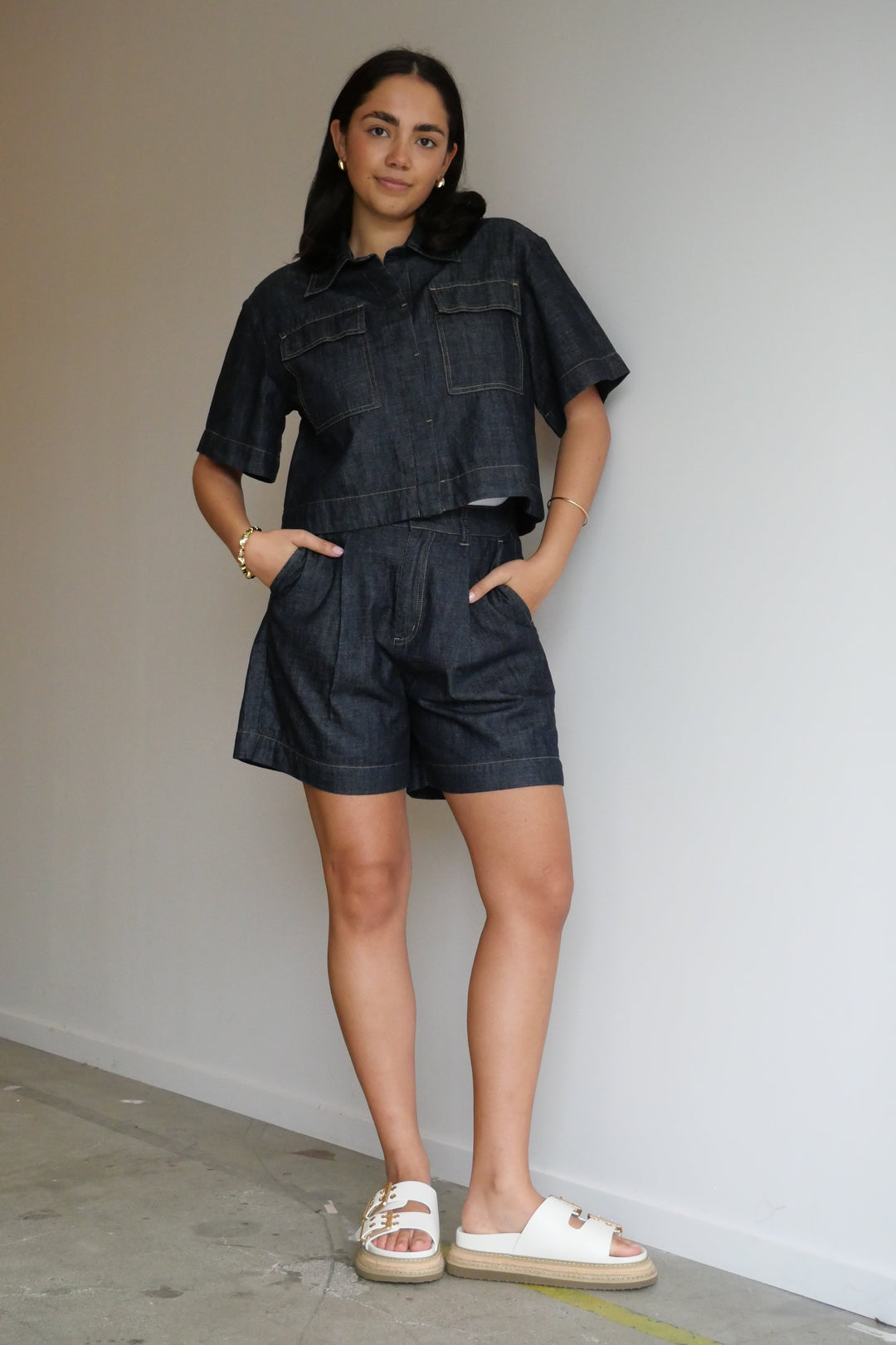 Label Kayce Rinse Wash Resort Boxy Shacket Dark Indigo