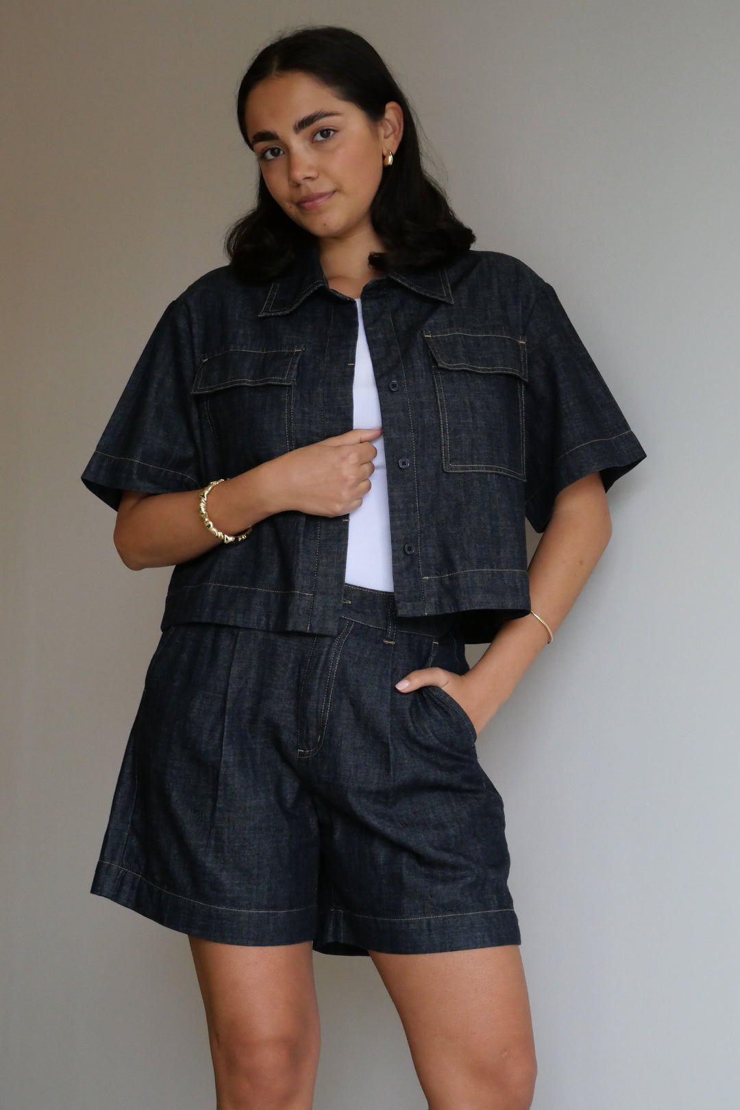 Label Kayce Rinse Wash Resort Boxy Shacket Dark Indigo