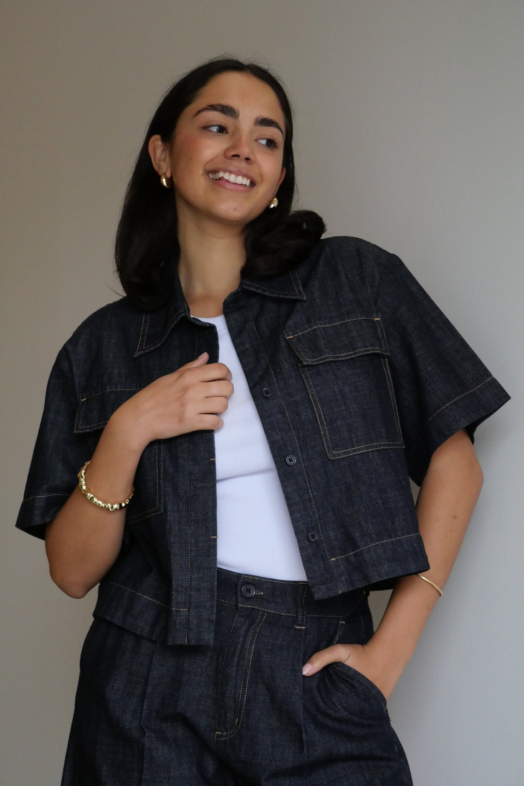 Label Kayce Rinse Wash Resort Boxy Shacket Dark Indigo