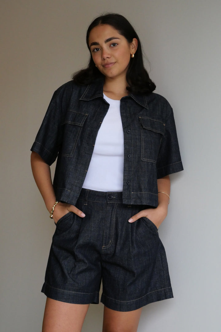 Label Kayce Rinse Wash Resort Boxy Shacket Dark Indigo