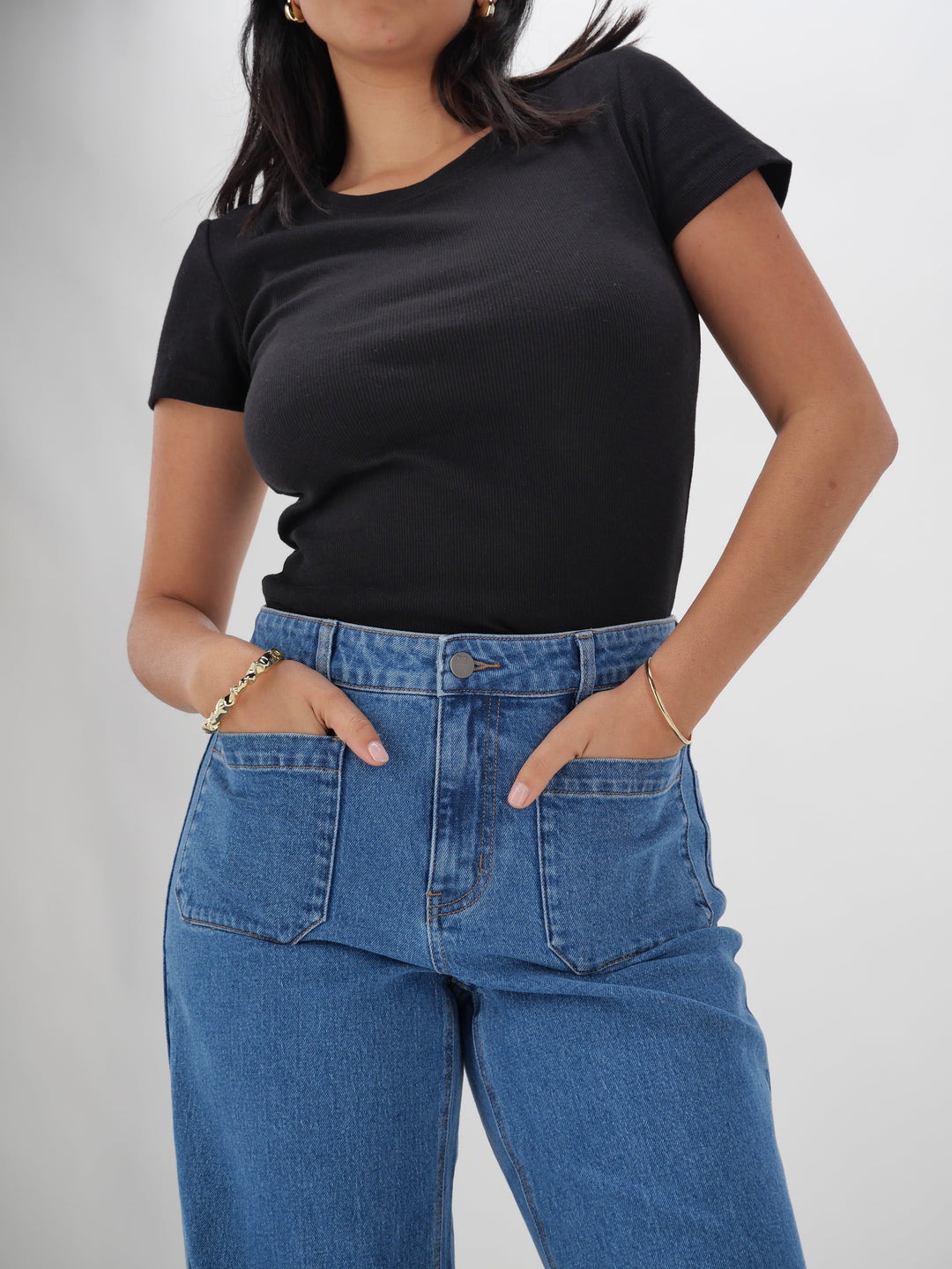 Label Kazniah Patch Pocket Wide Leg Jean Washed Blue