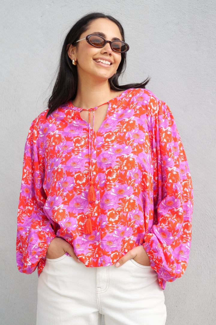 Sunday Boho Andrea Blouse Red Floral Print