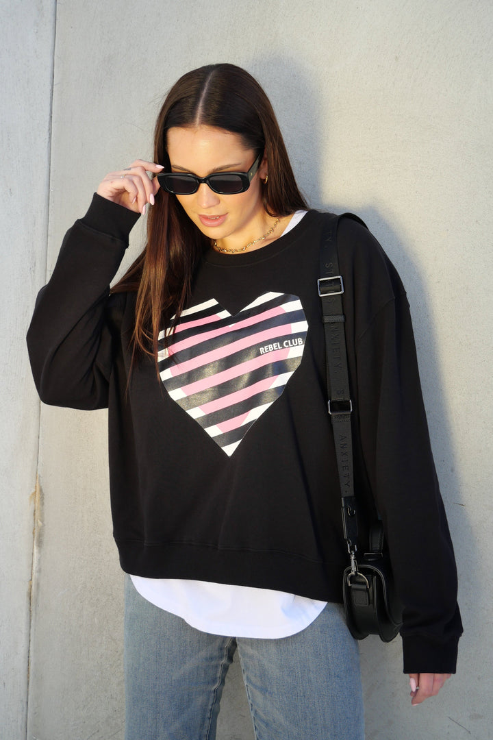 Rebel Club Stripe Heart Crew Black