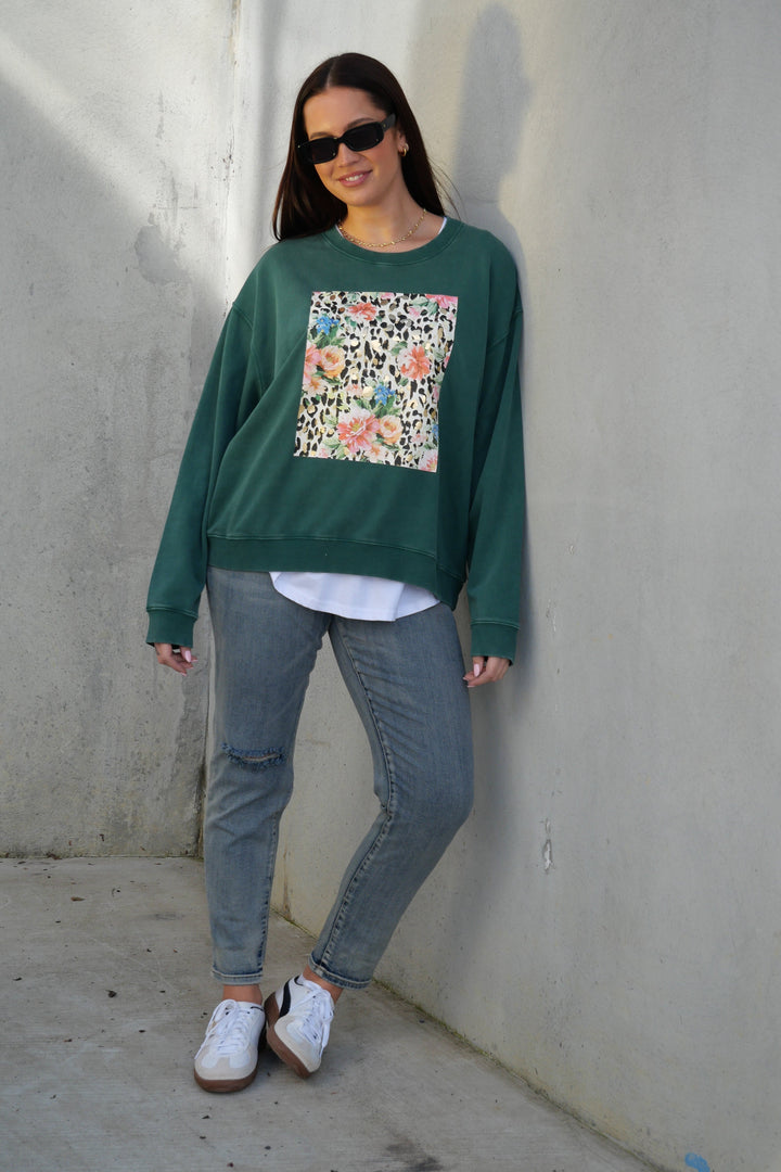Rebel Club Leopard Dreams Block Crew Washed Green