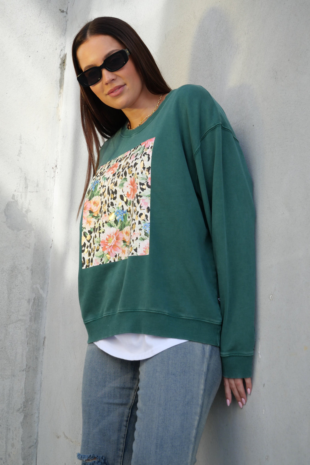 Rebel Club Leopard Dreams Block Crew Washed Green