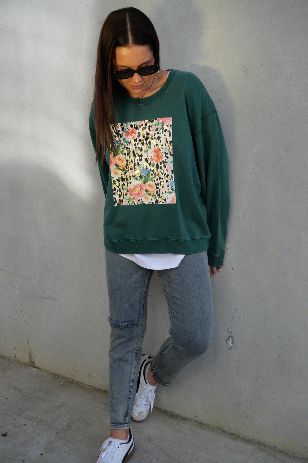 Rebel Club Leopard Dreams Block Crew Washed Green