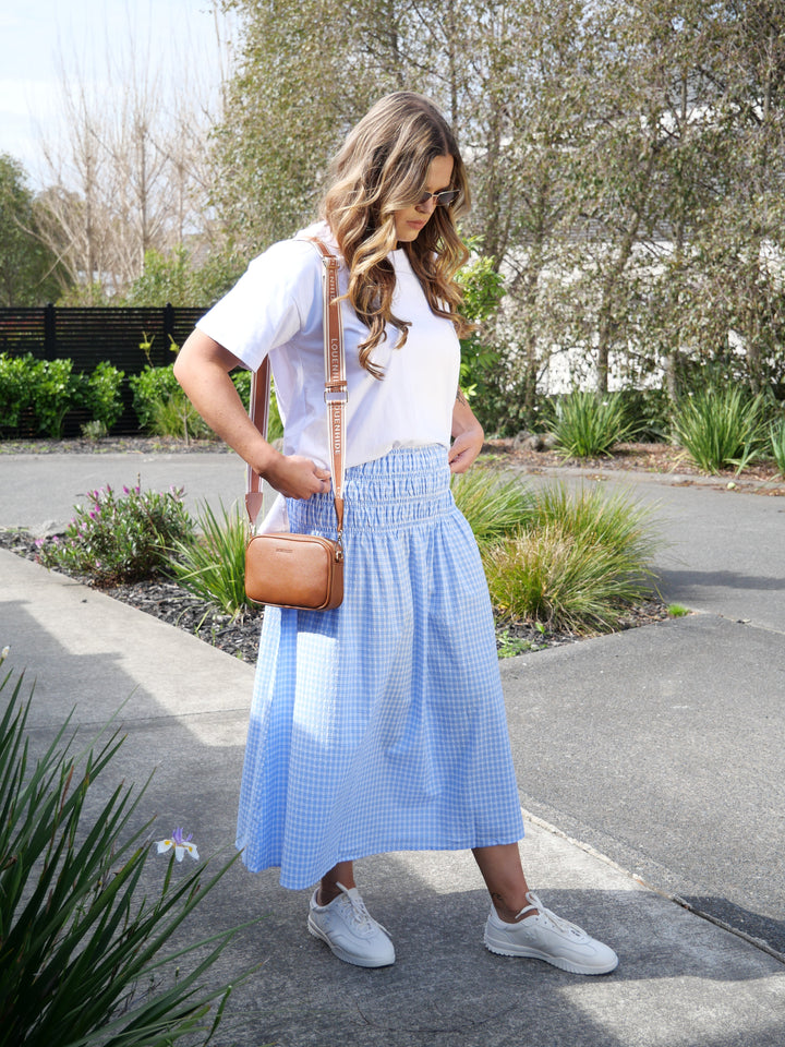 Label Haylene Shirred Waist Skirt Blue Gingham