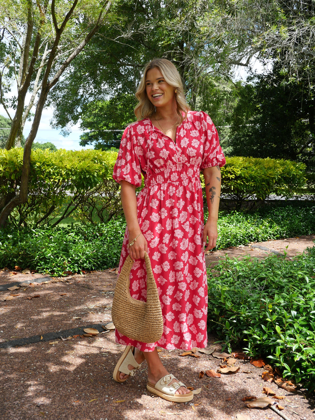 Label Echo Portofino V Neck Dress Berry Floral