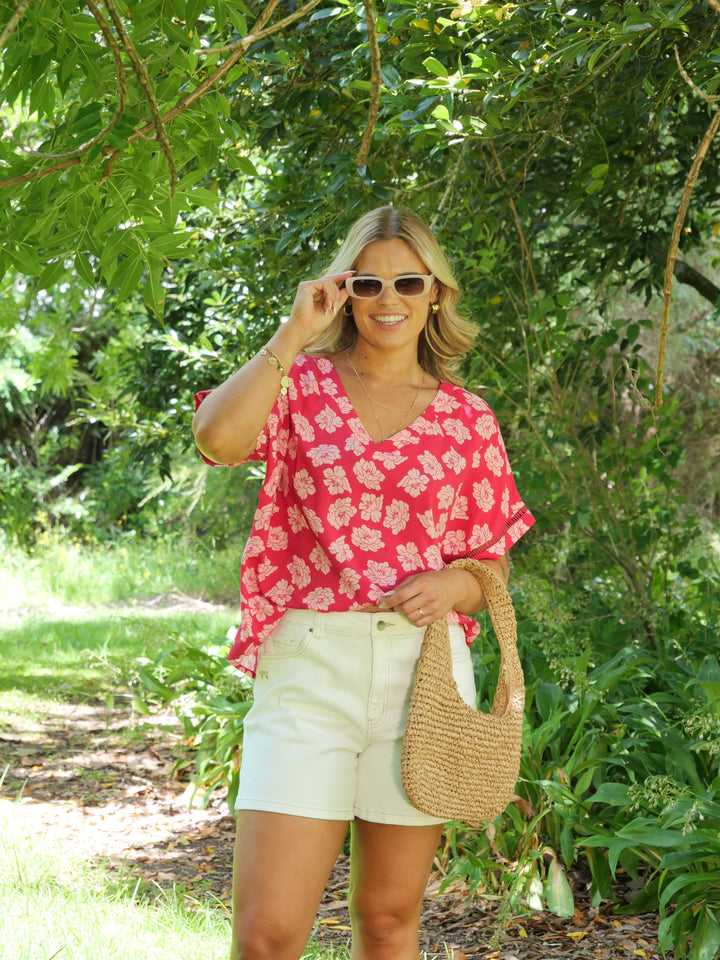 Label Portofino V Neck Top Berry Floral