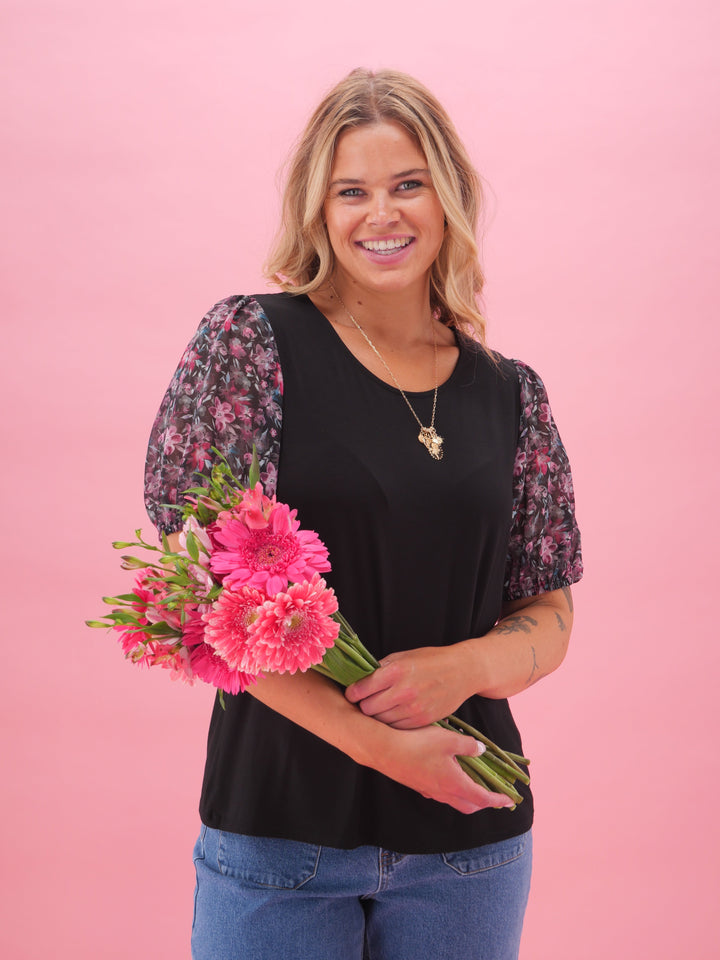 Gloss The Label Malina Contrast Sleeve Top Teal Pink Floral