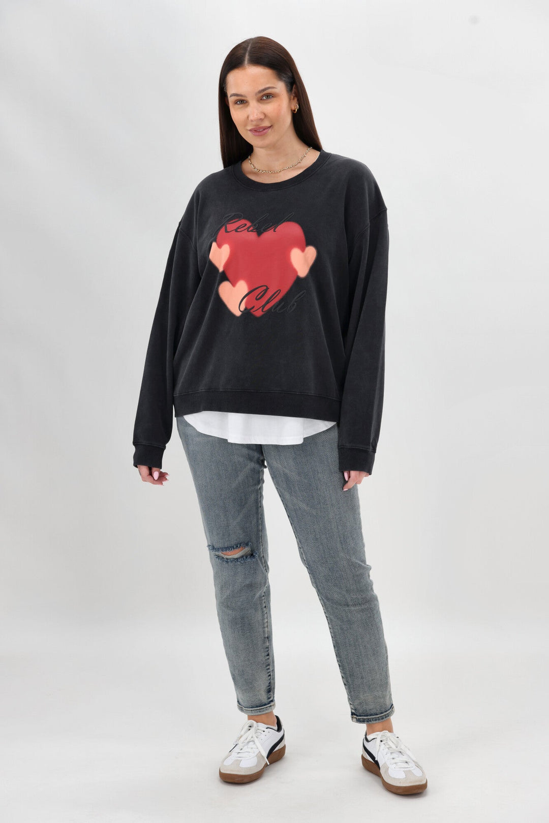 Rebel Club Double Heart Crew Washed Black