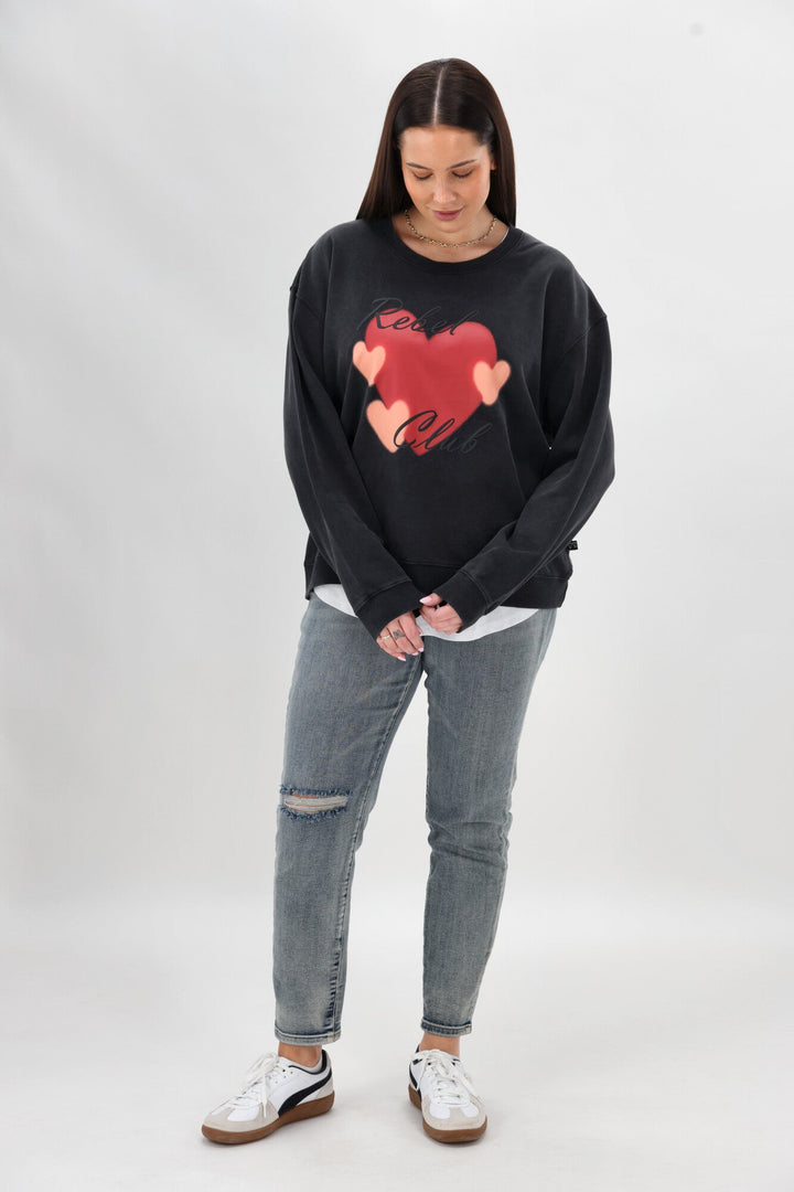 Rebel Club Double Heart Crew Washed Black