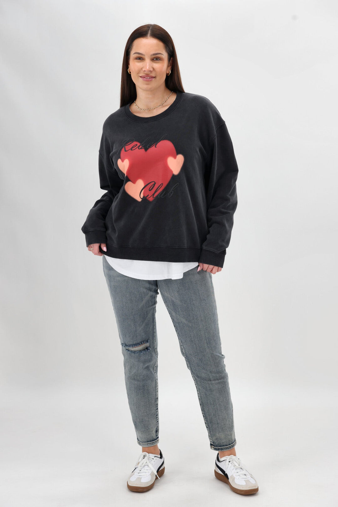 Rebel Club Double Heart Crew Washed Black