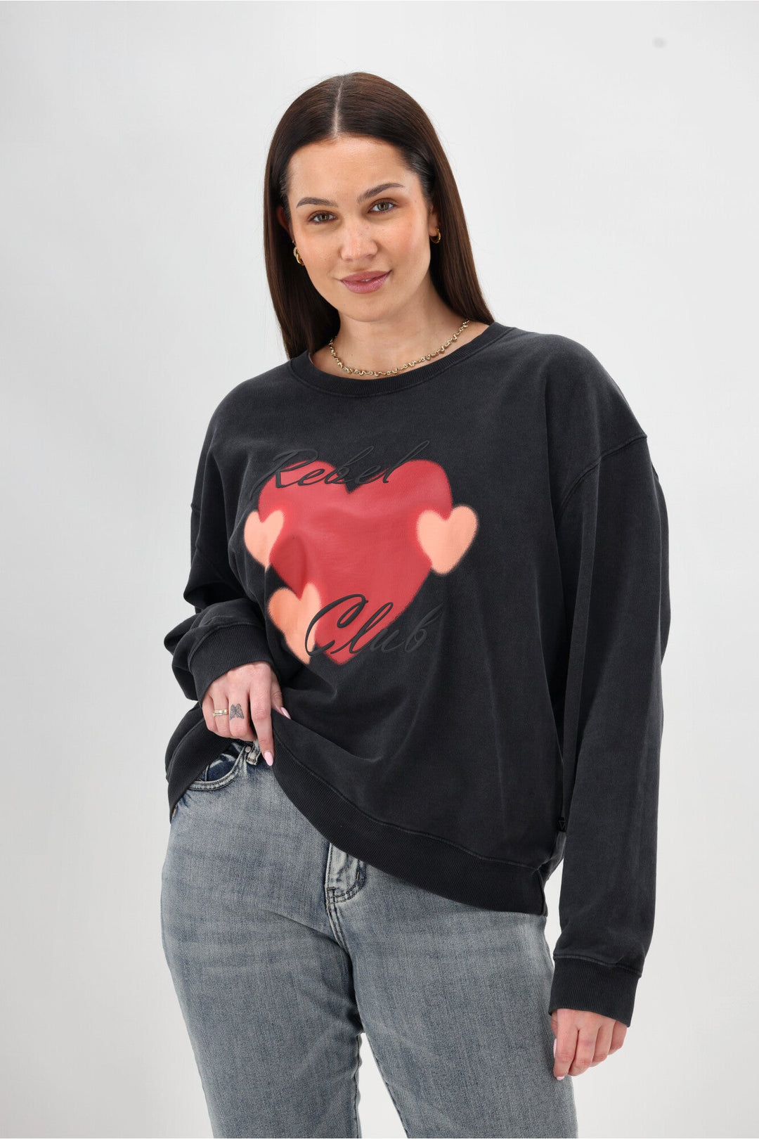 Rebel Club Double Heart Crew Washed Black