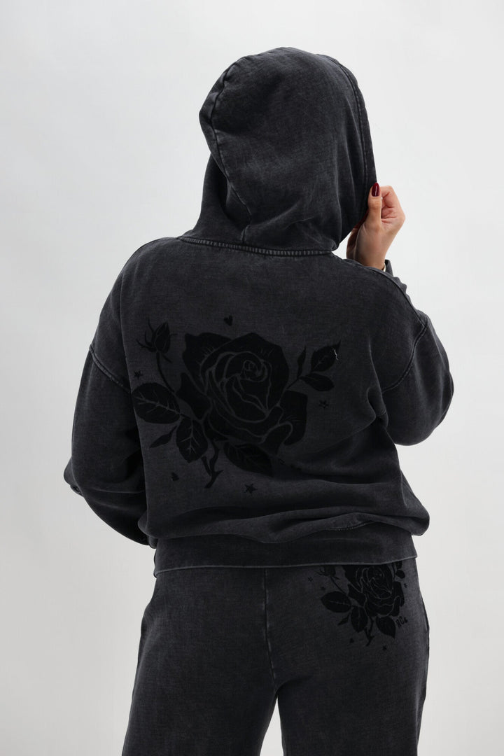 Rebel Club Flock Flower Hoodie Black Wash