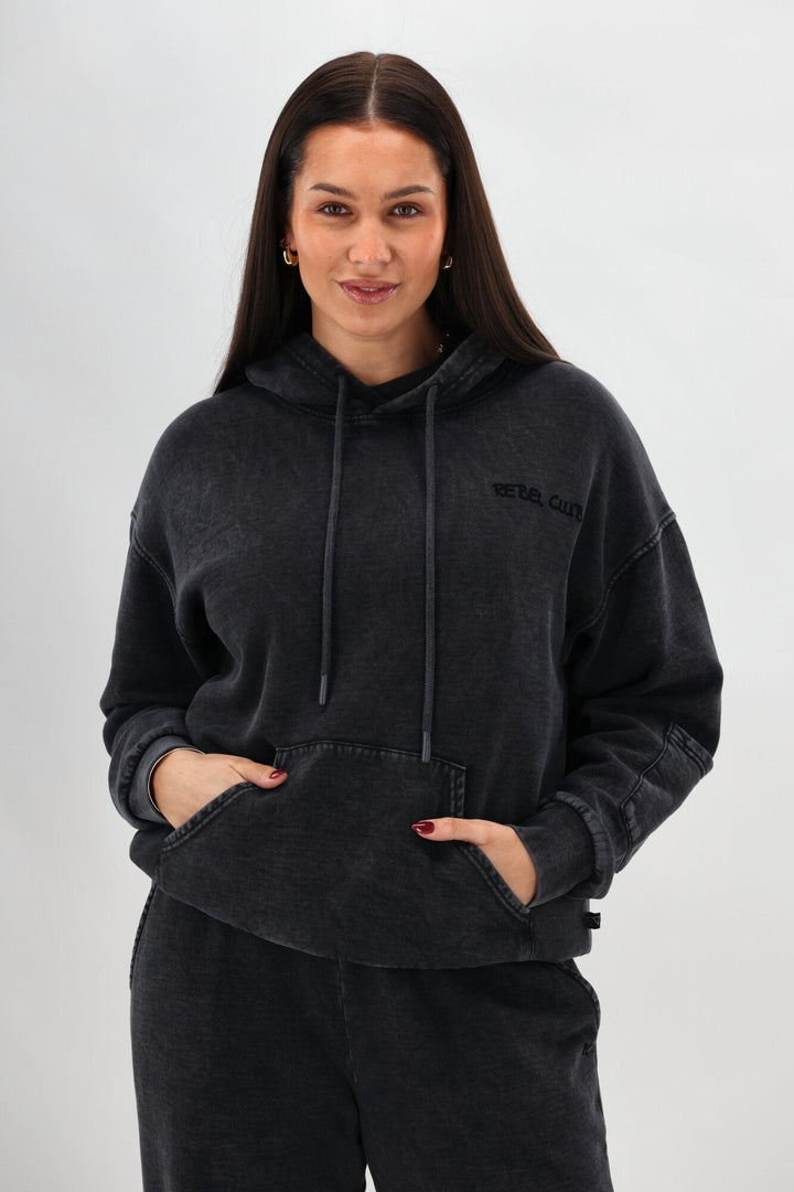 Rebel Club Flock Flower Hoodie Black Wash