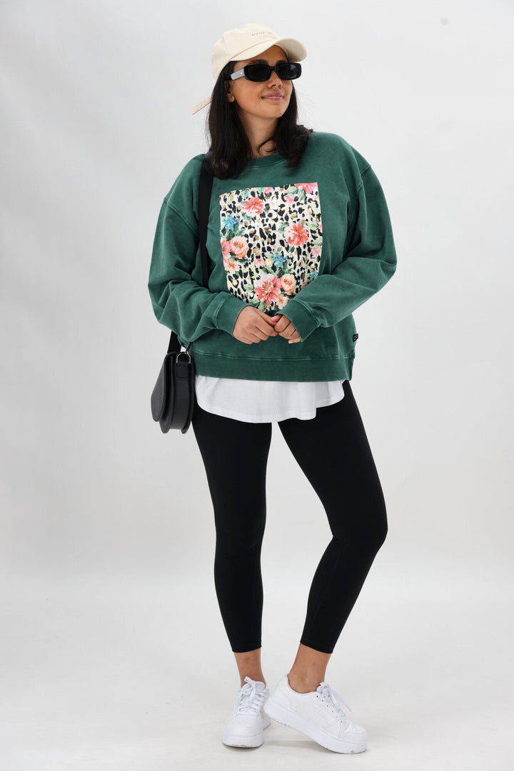 Rebel Club Leopard Dreams Block Crew Washed Green