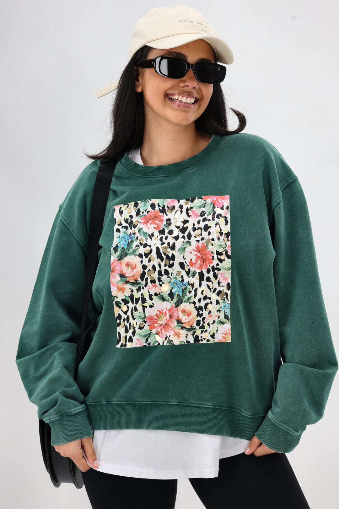 Rebel Club Leopard Dreams Block Crew Washed Green