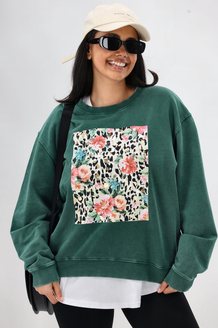 Rebel Club Leopard Dreams Block Crew Washed Green